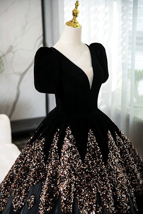 Elegant V-Neck Velvet and Sequins Floor Length Prom Dress, Black Short Sleeve Formal Dress