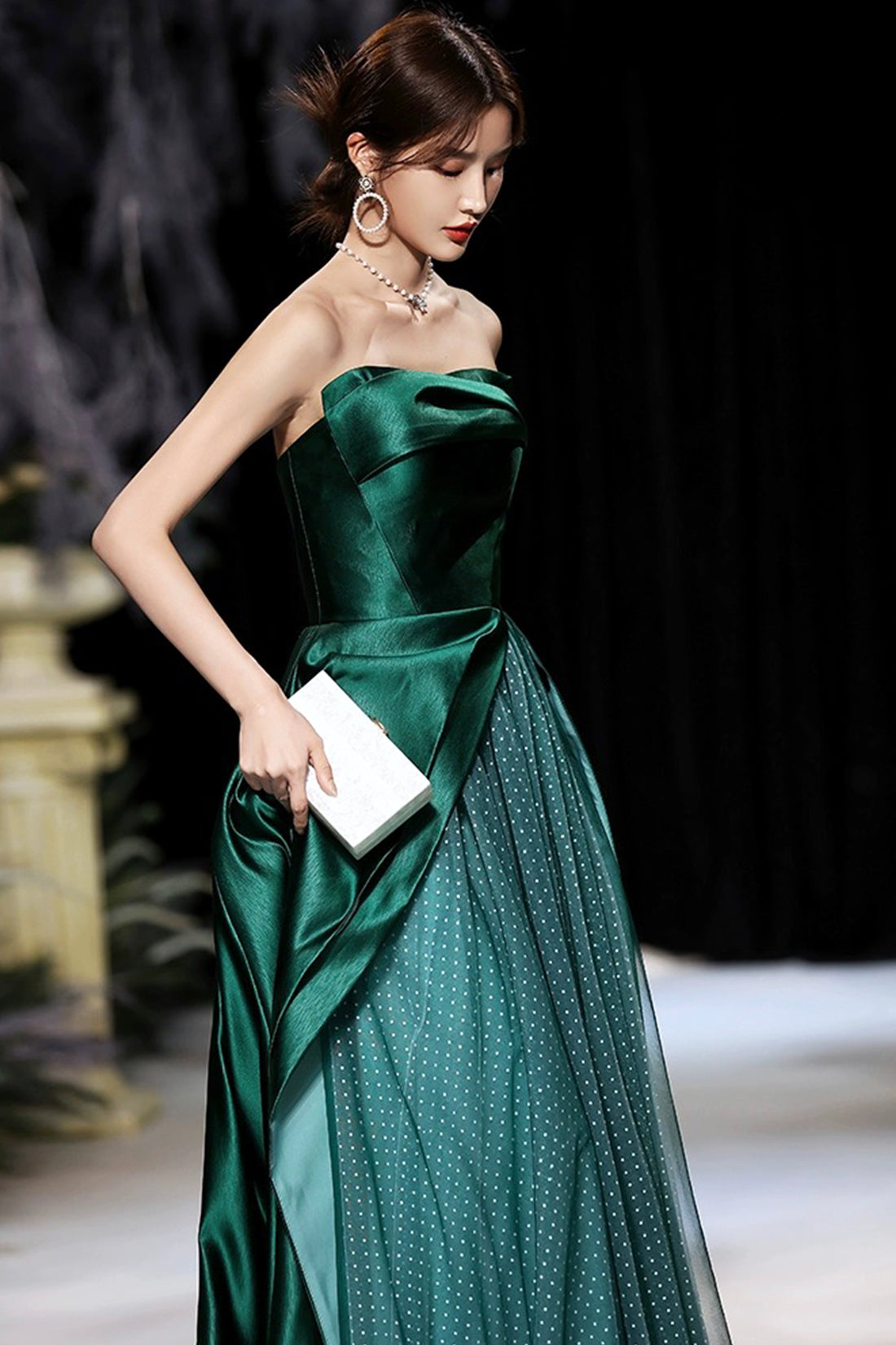 Dark Green Satin Long Prom Dress, Green A-Line Strapless Evening Dress Dark Green Satin Long Prom Dress, Green A-Line Strapless Evening Dress
