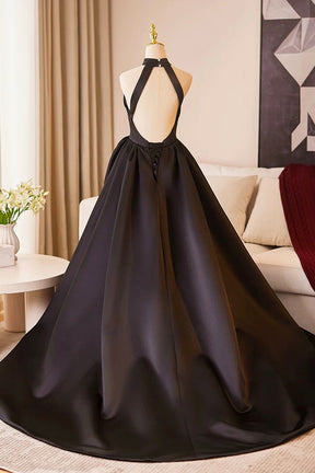 Black Halter Satin Long Prom Dress, Elegant A-Line Backless Party Dress