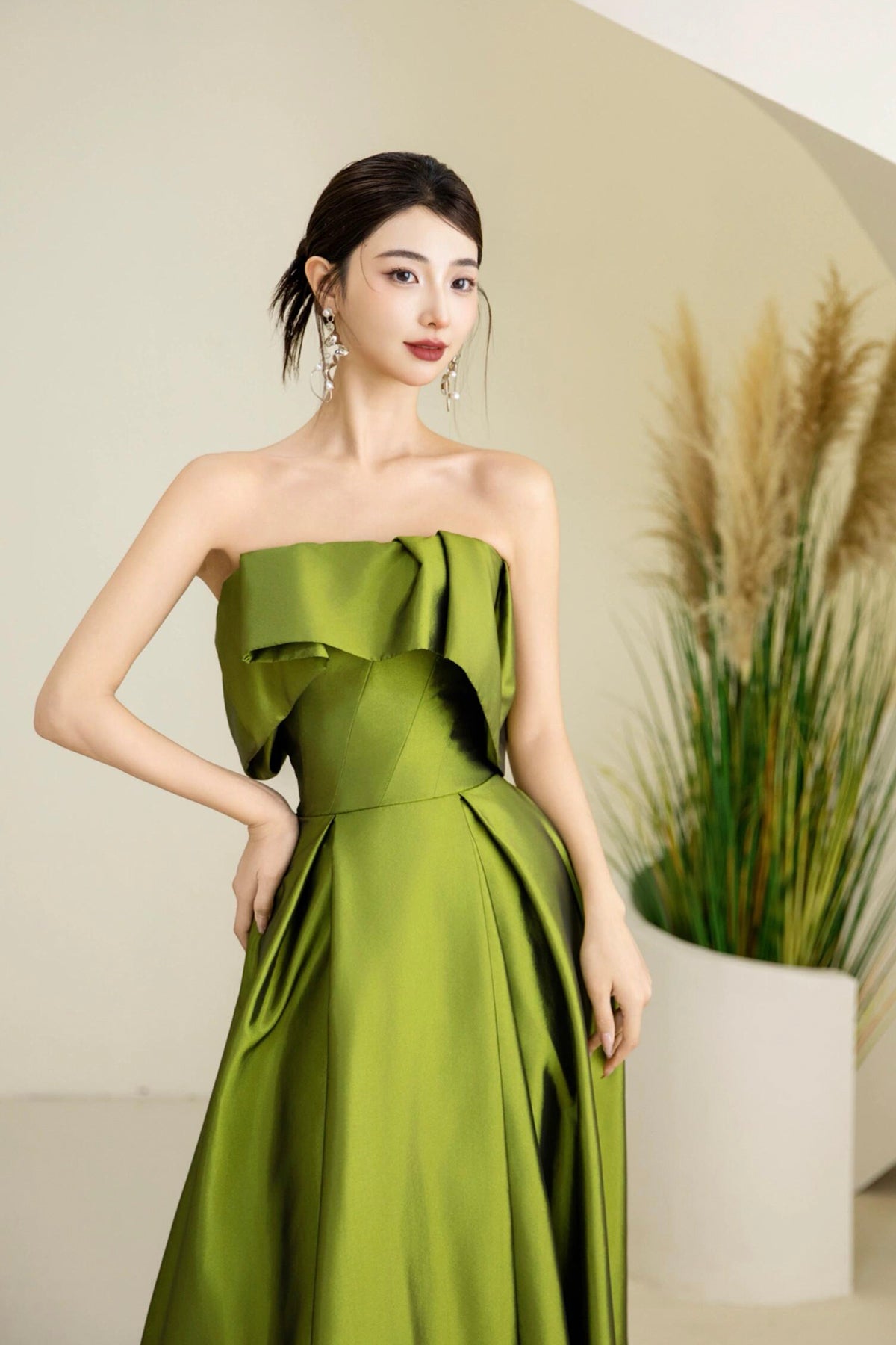 Green Satin Long Prom Dress, Cute A-Line Off the Shoulder Evening Dress