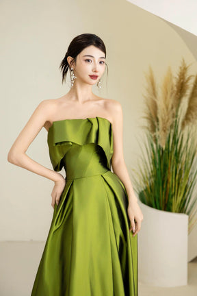 Green Satin Long Prom Dress, Cute A-Line Off the Shoulder Evening Dress