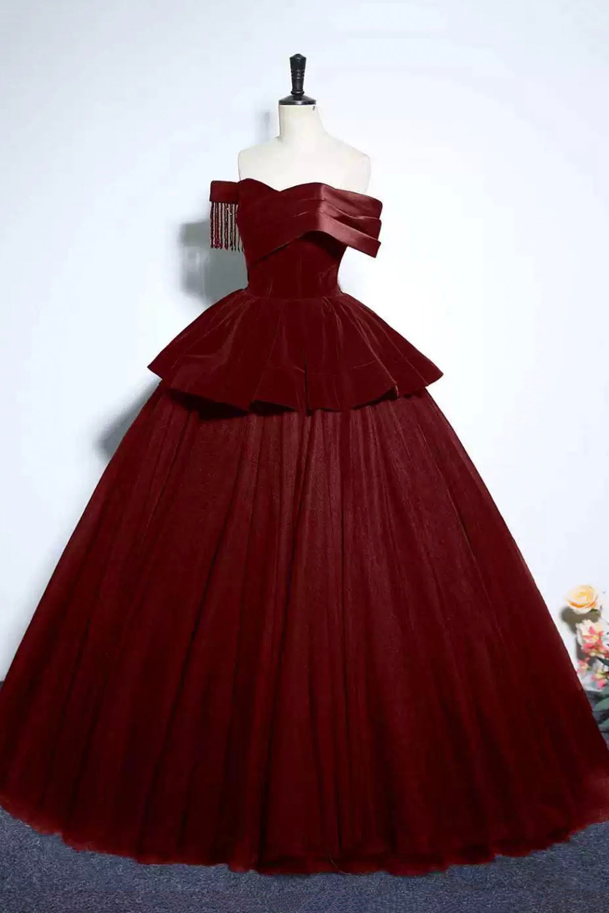 Burgundy Velvet and Tulle Long Formal Dress, A-Line Off the Shoulder Evening Party Dress