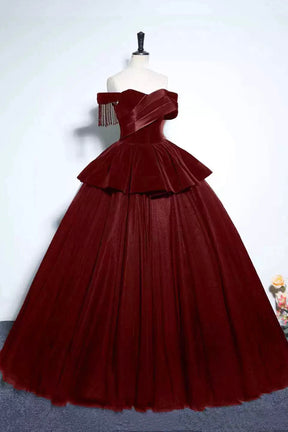 Burgundy Velvet and Tulle Long Formal Dress, A-Line Off the Shoulder Evening Party Dress