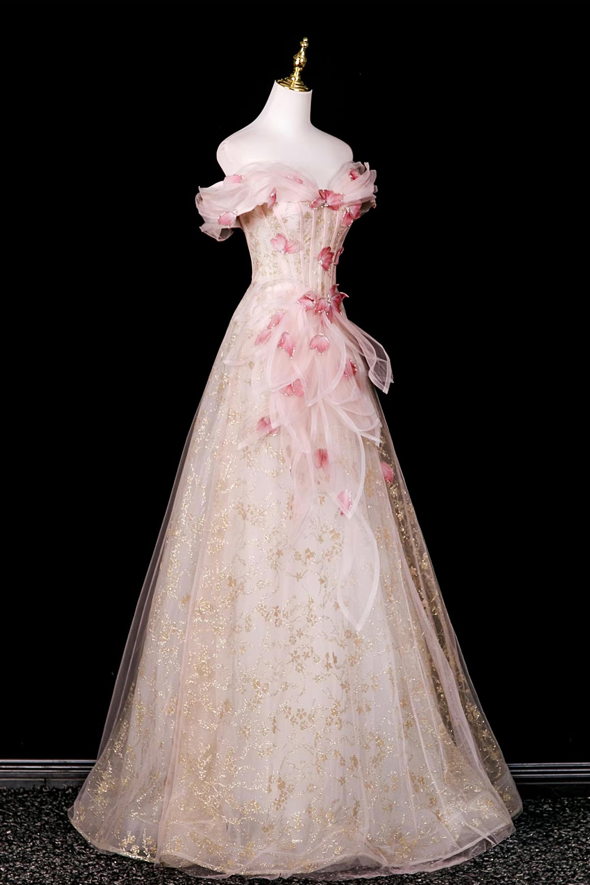 Champagne Off Shoulder Snowflake Tulle Prom Gown | Sparkling Evening Dress