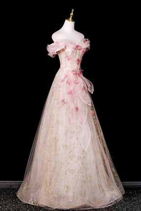 Champagne Off Shoulder Snowflake Tulle Prom Gown | Sparkling Evening Dress