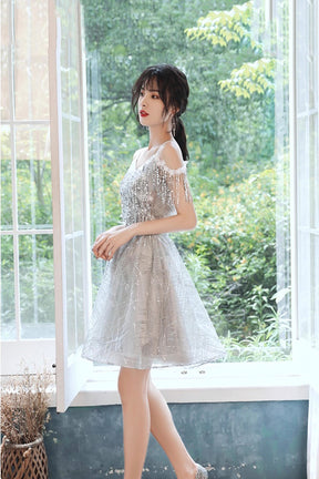 Gray Tulle Sequins Short Prom Dress, A-Line Knee Length Party Dress