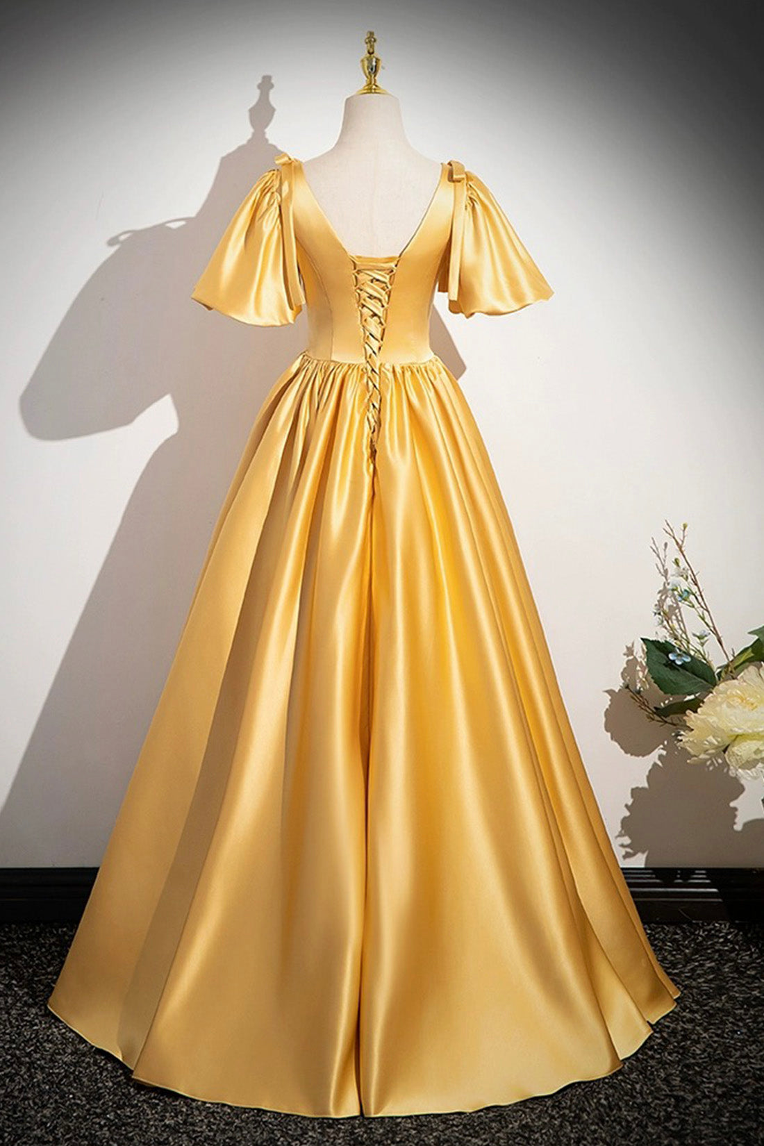 Yellow V-Neck Satin Long Prom Dress, Yellow A-Line Short Sleeve Evenin Yellow V-Neck Satin Long Prom Dress, Yellow A-Line Short Sleeve Evenin
