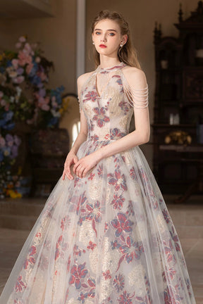 Beautiful Floral Tulle Long Prom Dress, A-Line Halter Evening Party Dress