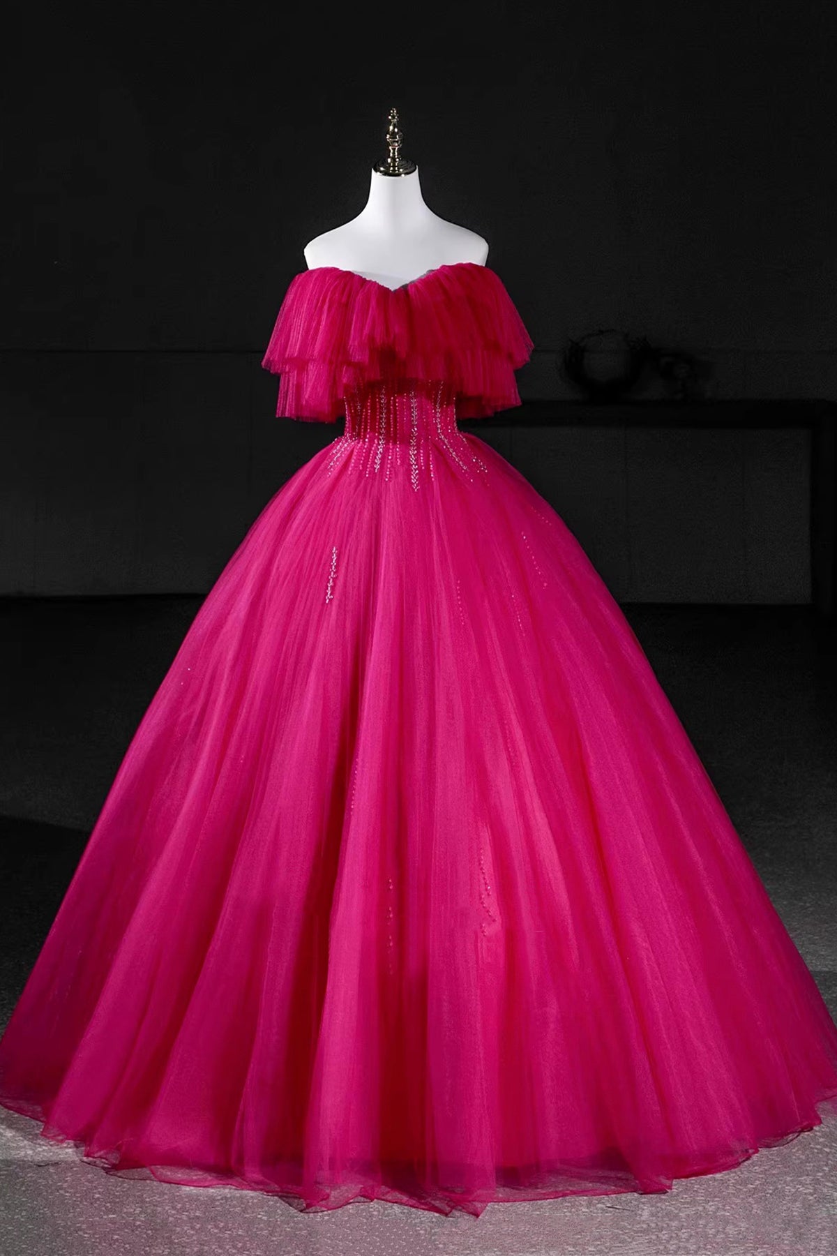 Hot Pink Tulle Beaded Long Prom Dress, A-Line Off the Shoulder Party Dress