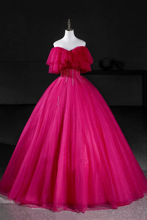 Hot Pink Tulle Beaded Long Prom Dress, A-Line Off the Shoulder Party Dress