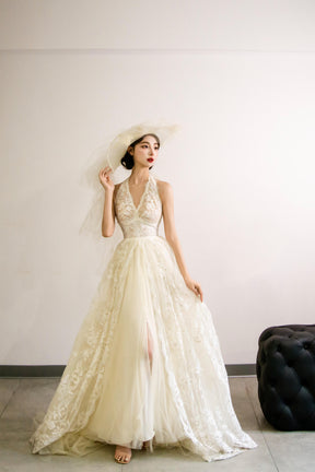 Elegant V-Neck Tulle Lace Long Prom Dress, Ivory A-Line Formal Evening Dress