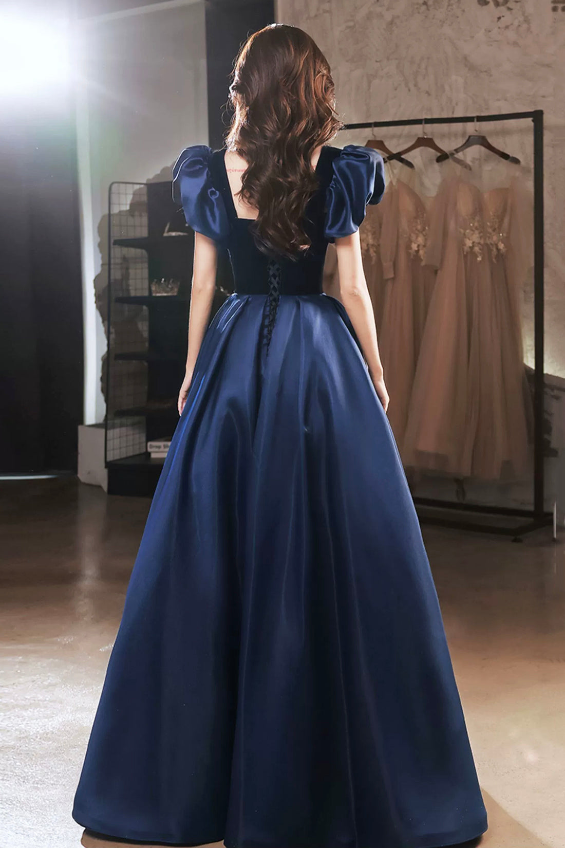 Blue Velvet and Satin Floor Length Prom Dress, Elegant Short Sleeve Ev Blue Velvet and Satin Floor Length Prom Dress, Elegant Short Sleeve Ev