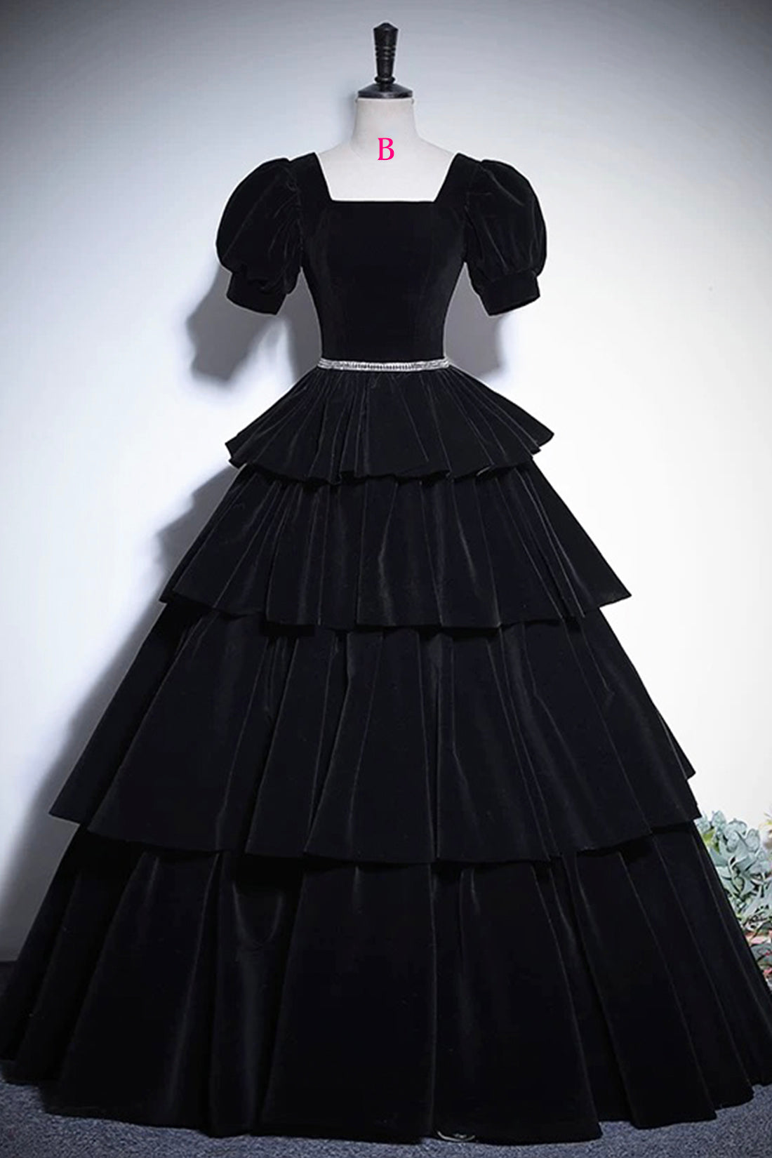 Black Velvet Floor Length Prom Dress, Elegant Short Sleeve Evening Party Dress