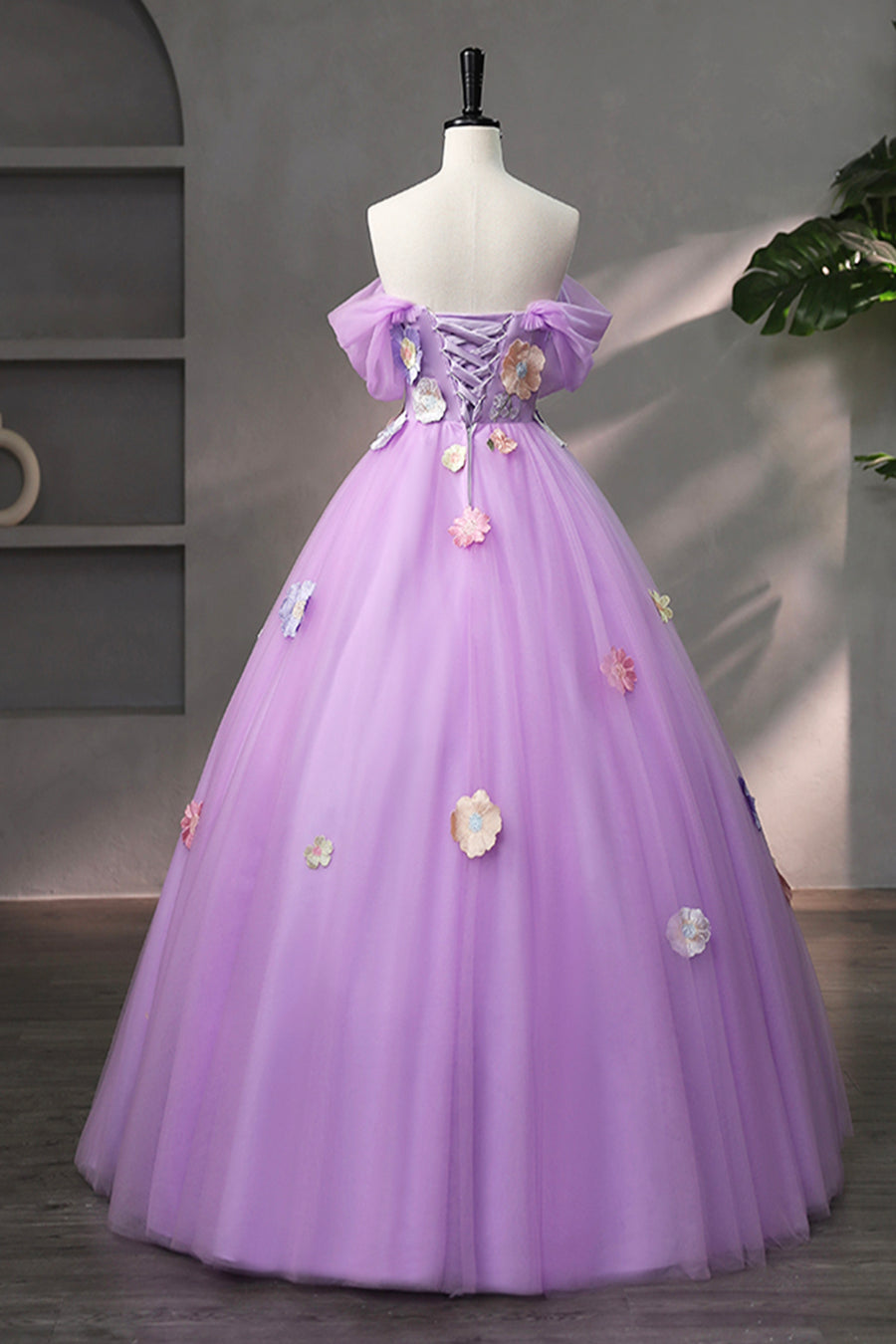 Purple Tulle Lace Long Prom Dress with Lace, Beautiful Off the Shoulde