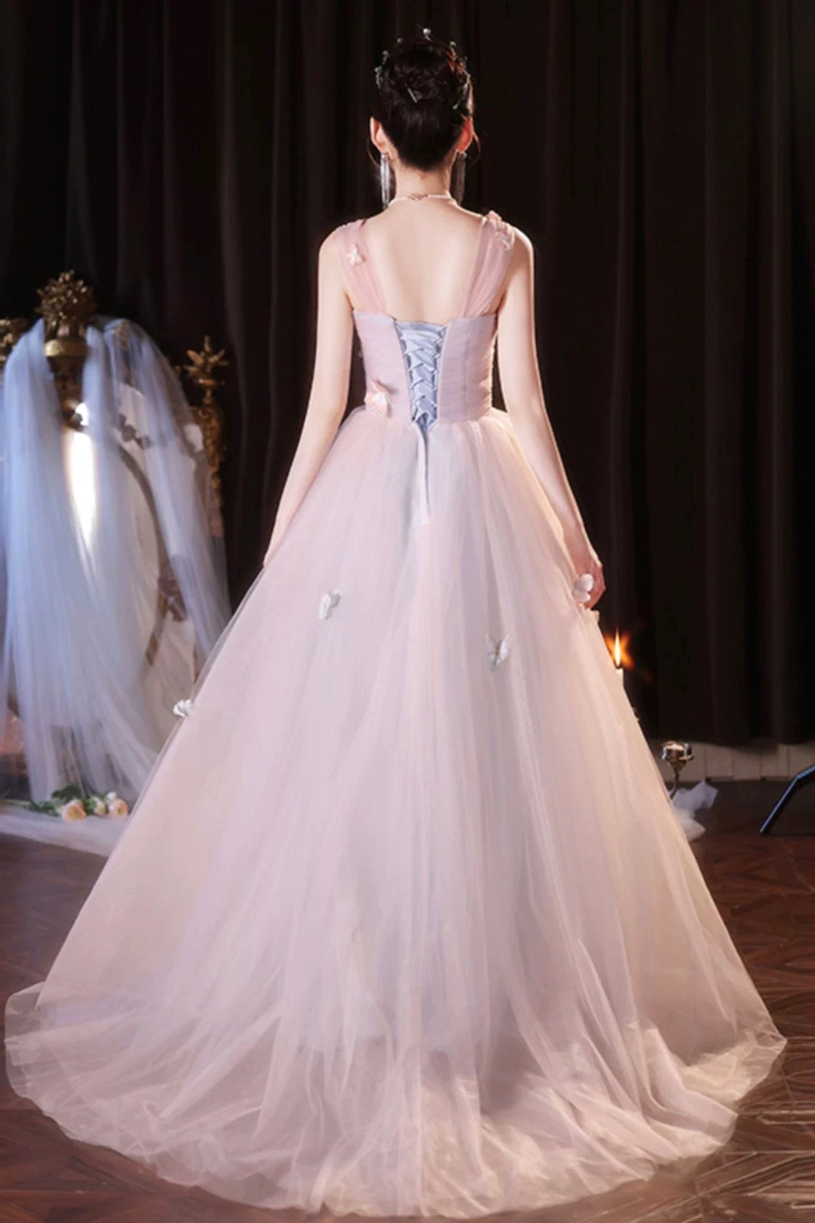 Pink Off the Shoulder Tulle Prom Dress, Lovely A-Line Long Formal Grad Pink Off the Shoulder Tulle Prom Dress, Lovely A-Line Long Formal Grad