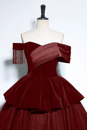 Burgundy Velvet and Tulle Long Formal Dress, A-Line Off the Shoulder Evening Party Dress