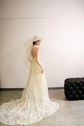 Elegant V-Neck Tulle Lace Long Prom Dress, Ivory A-Line Formal Evening Dress