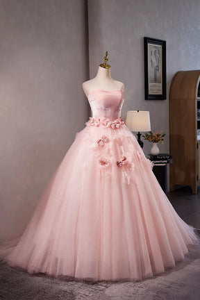 Pink Velvet Tulle Long Prom Dress with Flowers, Beautiful Strapless Evening Sweet 16 Dress