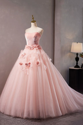 Pink Velvet Tulle Long Prom Dress with Flowers, Beautiful Strapless Evening Sweet 16 Dress