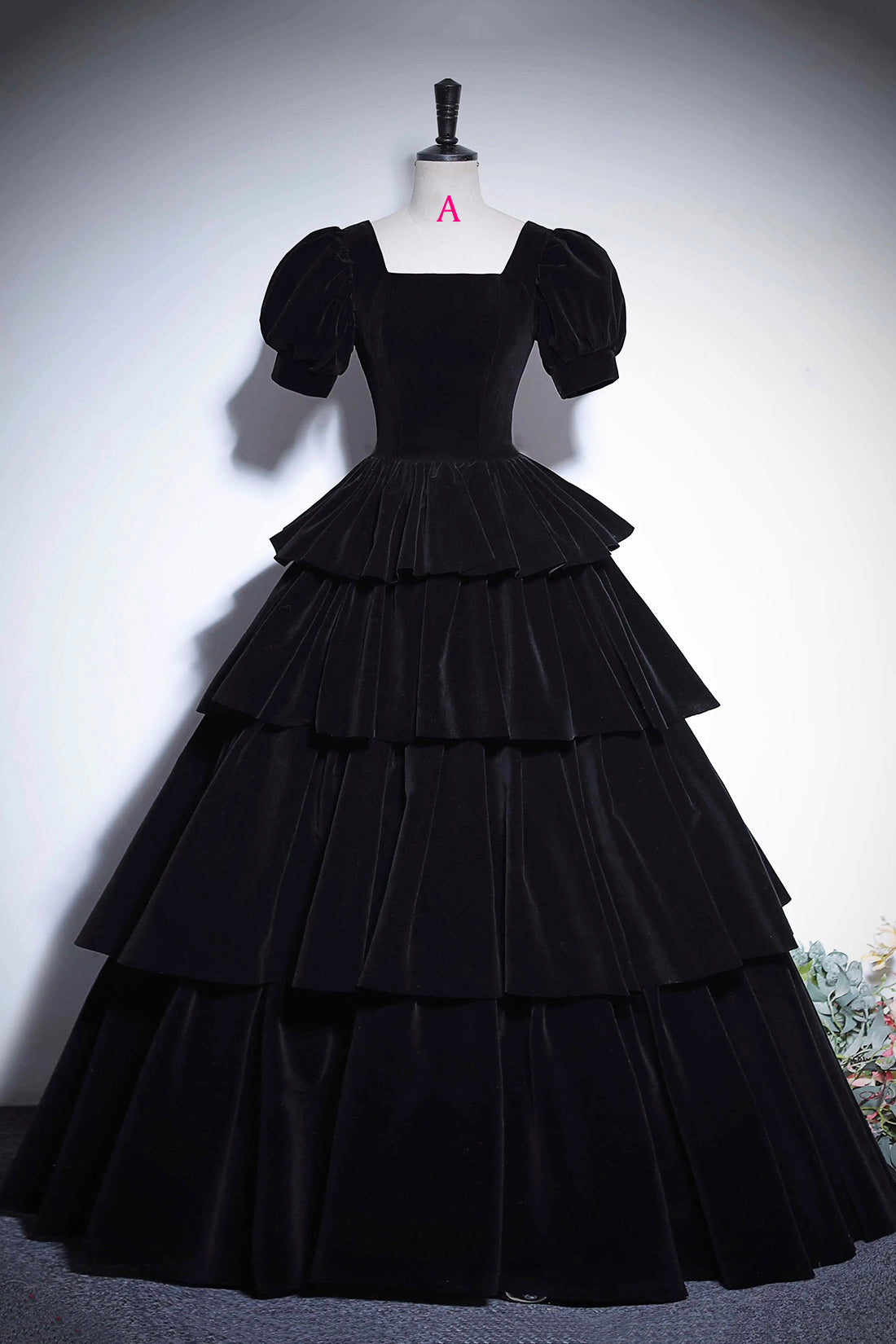 Black Velvet Floor Length Prom Dress, Elegant Short Sleeve Evening Party Dress