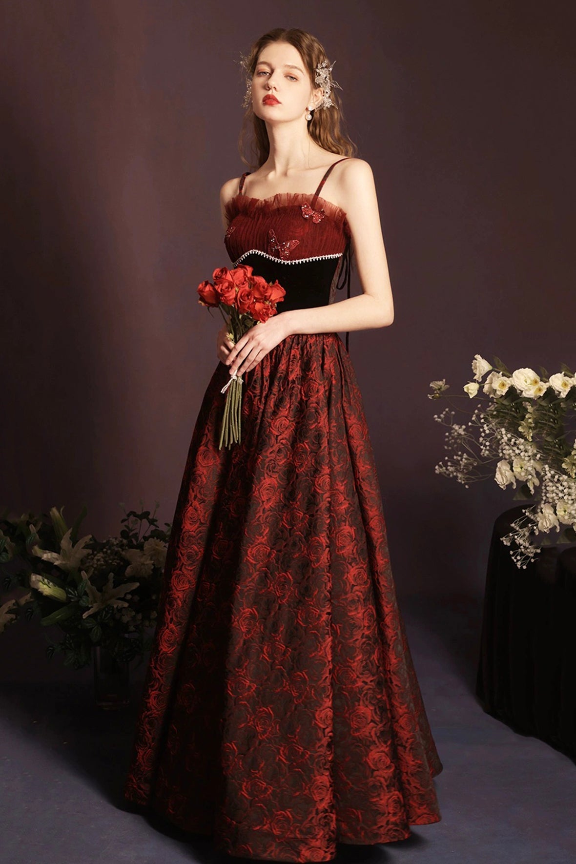 Burgundy Lace Butterfly Printing Prom Dress, Beautiful A-Line Party Dress