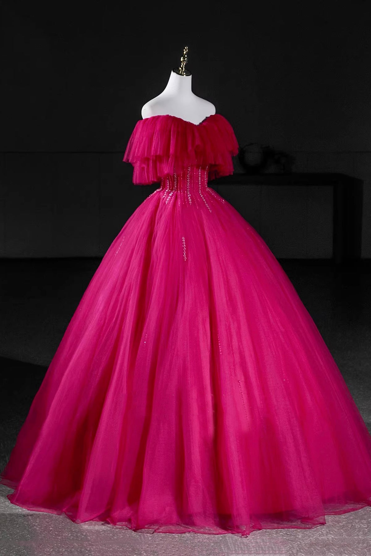 Hot Pink Tulle Beaded Long Prom Dress, A-Line Off the Shoulder Party Dress
