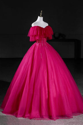 Hot Pink Tulle Beaded Long Prom Dress, A-Line Off the Shoulder Party Dress