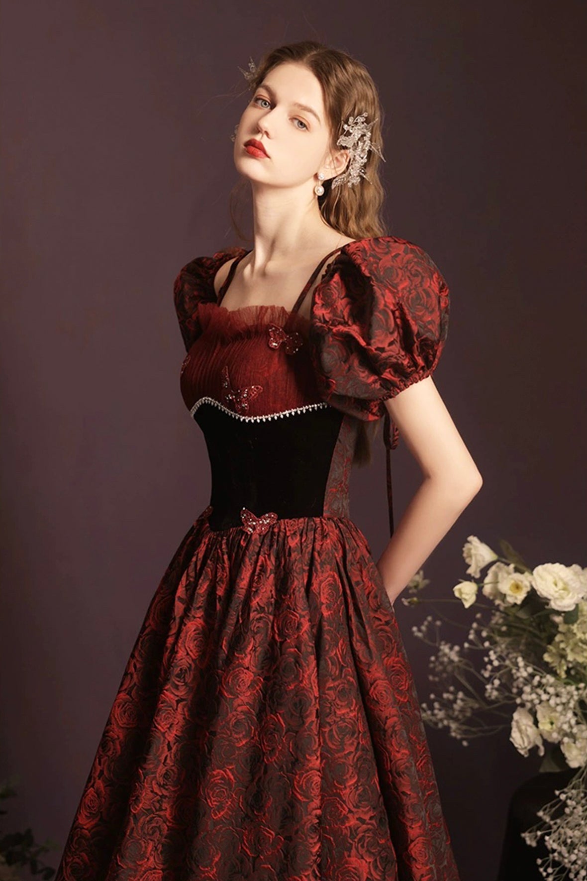 Burgundy Lace Butterfly Printing Prom Dress, Beautiful A-Line Party Dress