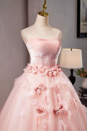 Pink Velvet Tulle Long Prom Dress with Flowers, Beautiful Strapless Evening Sweet 16 Dress