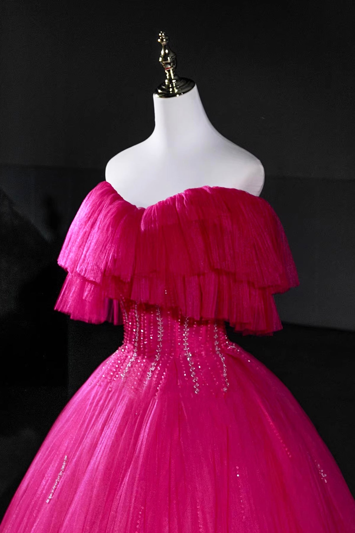 Hot Pink Tulle Beaded Long Prom Dress, A-Line Off the Shoulder Party Dress
