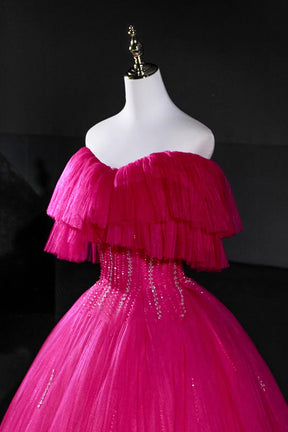 Hot Pink Tulle Beaded Long Prom Dress, A-Line Off the Shoulder Party Dress