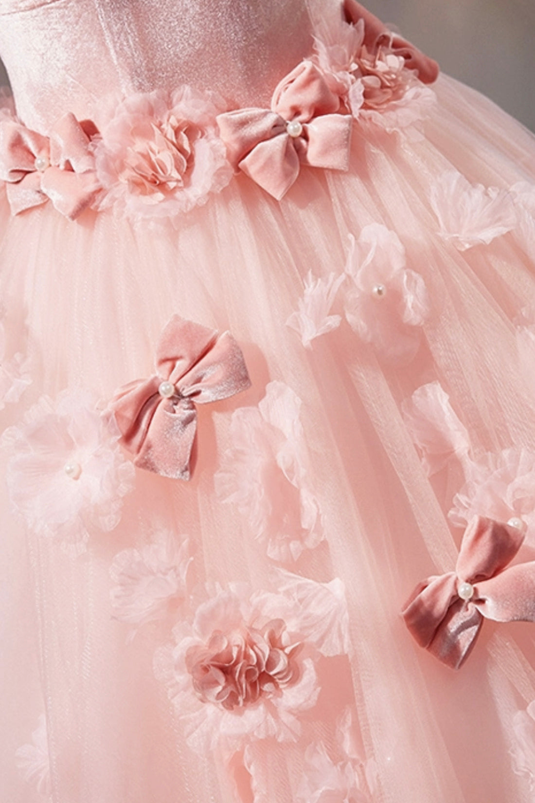 Pink Velvet Tulle Long Prom Dress with Flowers, Beautiful Strapless Evening Sweet 16 Dress