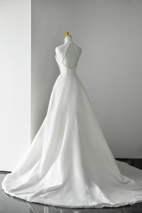 White A-Line Halter Backless Prom Dress, Simple White Evening Party Dress