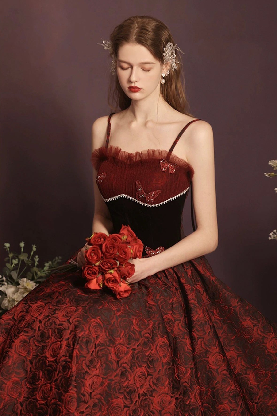 Burgundy Lace Butterfly Printing Prom Dress, Beautiful A-Line Party Dress