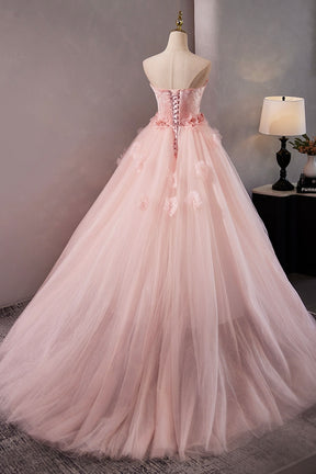 Pink Velvet Tulle Long Prom Dress with Flowers, Beautiful Strapless Evening Sweet 16 Dress