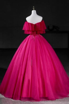Hot Pink Tulle Beaded Long Prom Dress, A-Line Off the Shoulder Party Dress