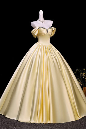 Yellow Off Shoulder Satin Prom Dress Crystal Sweetheart Corset A-Line Long Evening Gown