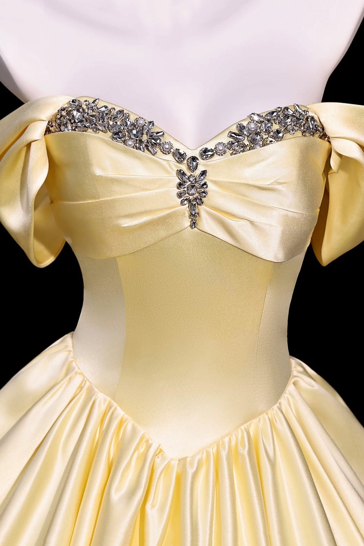 Yellow Off Shoulder Satin Prom Dress Crystal Sweetheart Corset A-Line Long Evening Gown