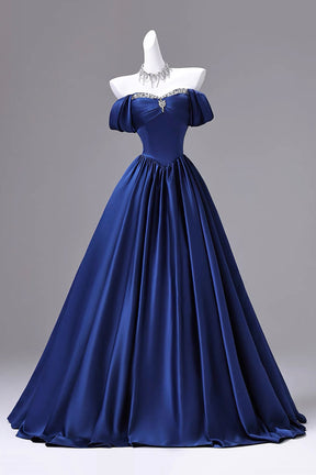 Blue Off Shoulder Satin Ball Gown Crystal Sweetheart Corset Formal Evening Dress
