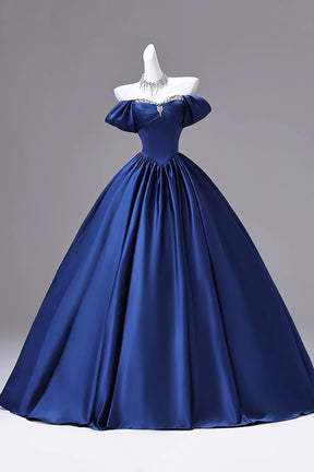Blue Off Shoulder Satin Ball Gown Crystal Sweetheart Corset Formal Evening Dress
