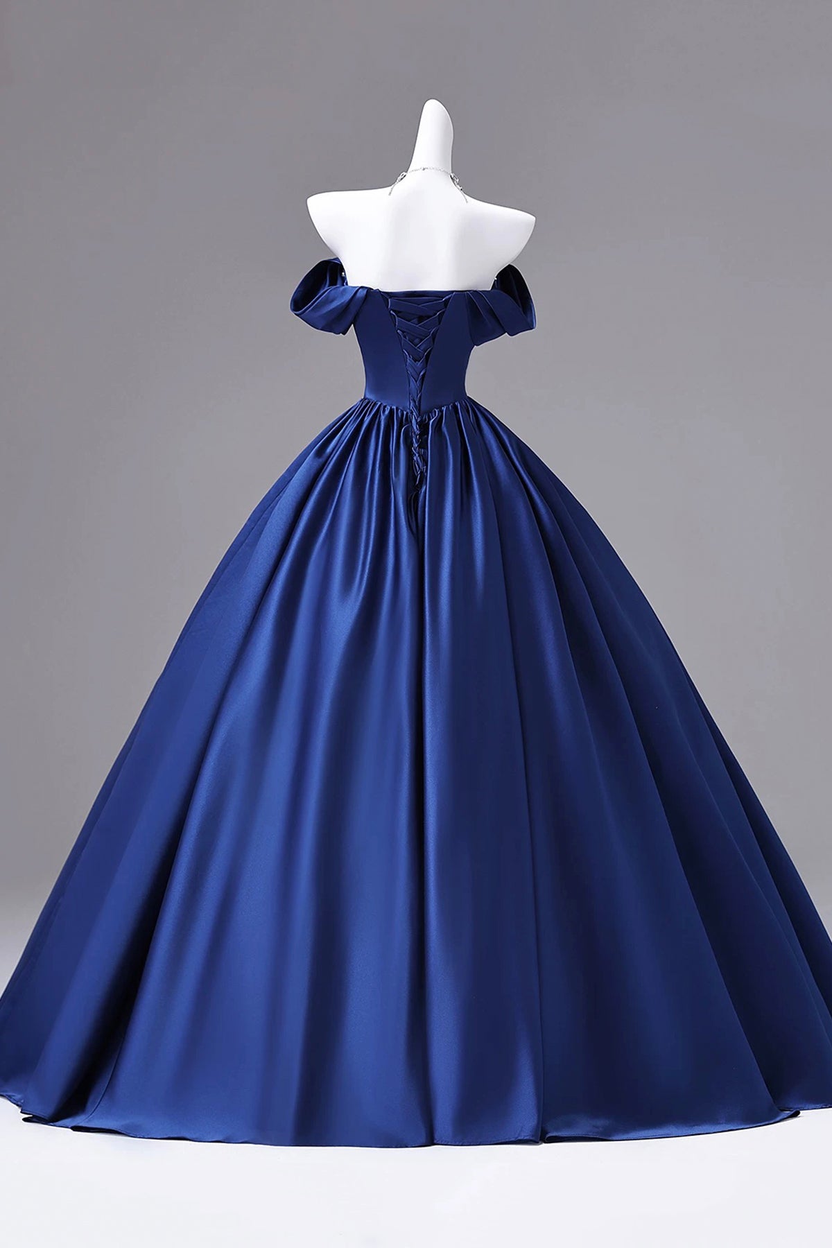 Blue Off Shoulder Satin Ball Gown Crystal Sweetheart Corset Formal Evening Dress