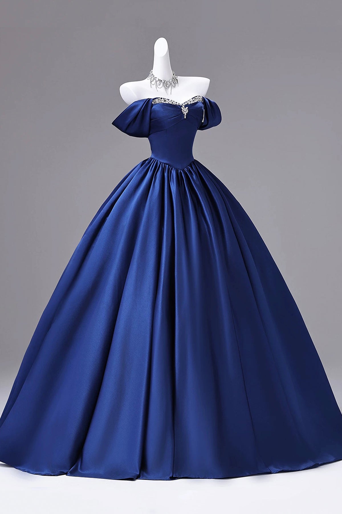Blue Off Shoulder Satin Ball Gown Crystal Sweetheart Corset Formal Evening Dress