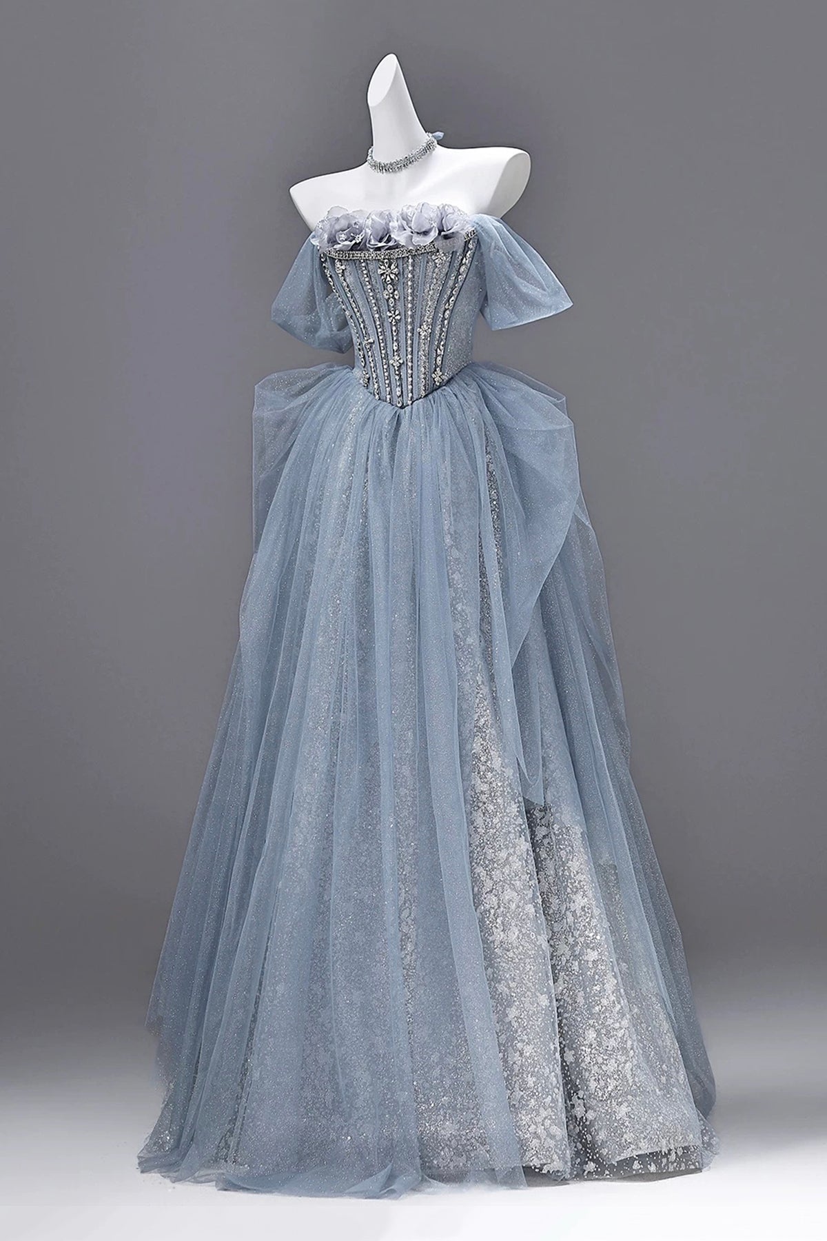 Dusty Blue Off Shoulder Glitter Tulle Ball Gown 3D Flower Corset Formal Evening Dress