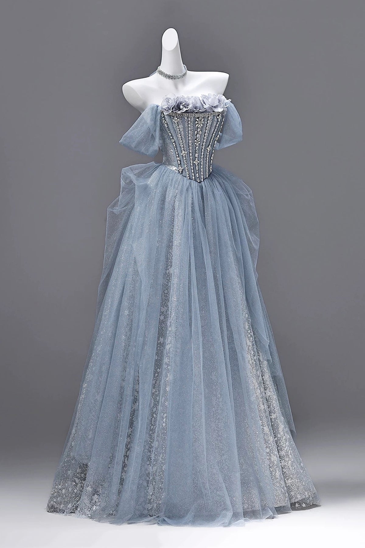 Dusty Blue Off Shoulder Glitter Tulle Ball Gown 3D Flower Corset Forma Dusty Blue Off Shoulder Glitter Tulle Ball Gown 3D Flower Corset Forma
