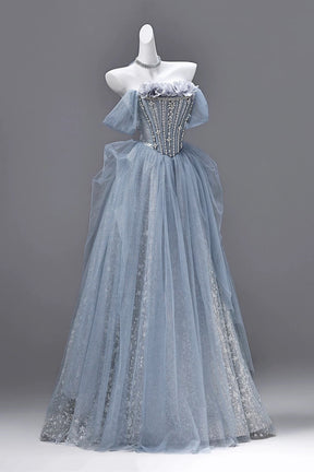 Dusty Blue Off Shoulder Glitter Tulle Ball Gown 3D Flower Corset Formal Evening Dress