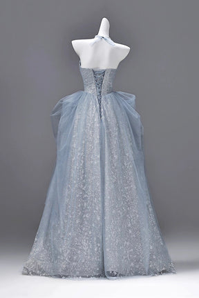 Dusty Blue Off Shoulder Glitter Tulle Ball Gown 3D Flower Corset Formal Evening Dress