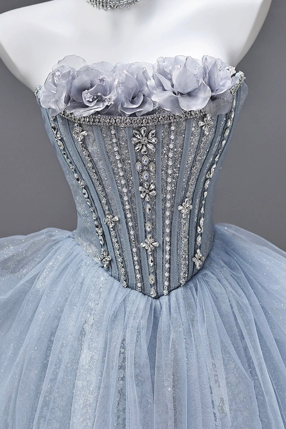 Dusty Blue Off Shoulder Glitter Tulle Ball Gown 3D Flower Corset Formal Evening Dress
