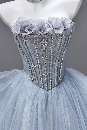 Dusty Blue Off Shoulder Glitter Tulle Ball Gown 3D Flower Corset Formal Evening Dress