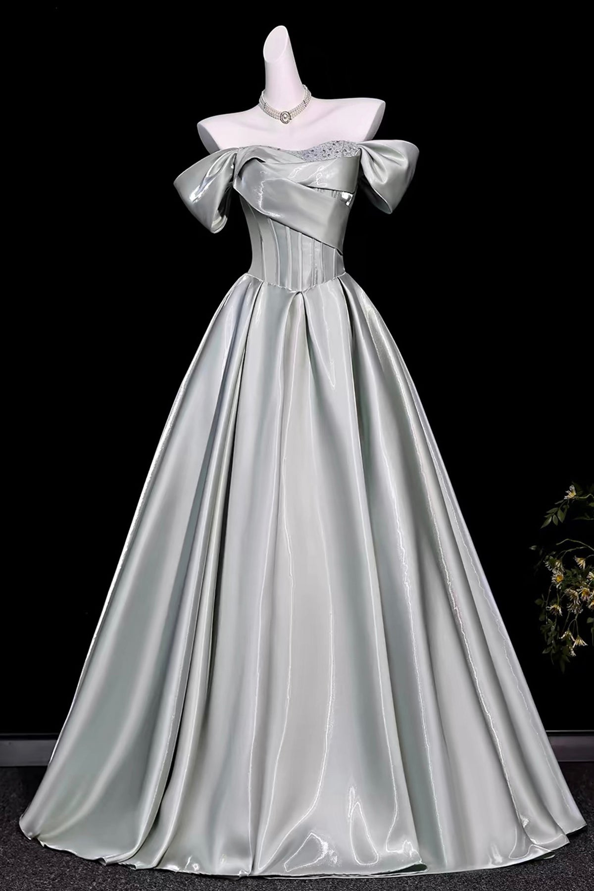 Dusty Green Off Shoulder Satin Prom Dress Corset A-Line Long Evening Gown
