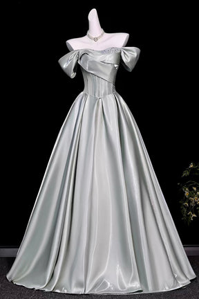 Dusty Green Off Shoulder Satin Prom Dress Corset A-Line Long Evening Gown
